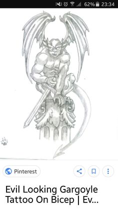 a drawing of an evil looking gargoyle tattoo on a cell phone