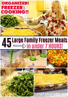 a collage of pictures showing how to make freezer meals in under 7 hours