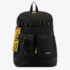 a black backpack with yellow tags on the front and side pockets that say eat fast