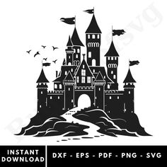 an image of a castle on top of a hill with birds flying around it and the words instant dxf files