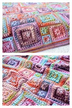 two pictures of the same crocheted blanket, one is multicolored and another has