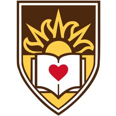 an open book with a heart on it in the middle of a brown and yellow shield