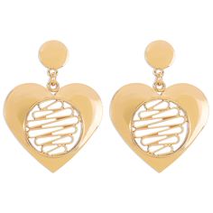 Elegant drop earrings featuring cutout hearts hanging from delicate disks and a goldtone finish. 2.17'' W x 2.75'' L Goldtone copper Hollow Heart, Golden Heart, Heart Shaped Earrings, Heart Drop Earrings, Open Heart, Silver Drop Earrings, Gold Earrings Dangle, Silver Earrings Dangle, Earrings Color