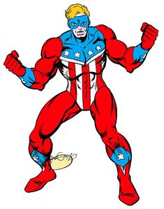 a drawing of a man in an american flag suit with his arms out and legs crossed