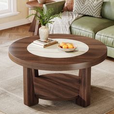 a coffee table with some fruit on it