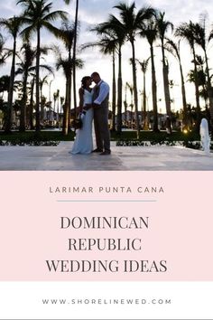 a bride and groom standing in front of palm trees with the words, romantic republic wedding ideas