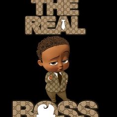 the real boss is standing in front of a black background with white letters on it