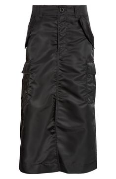 The division of duties is clearly designed into this midi skirt tailored with an all-function nylon-twill cargo front and an all-fashion pleated satin back. 34" length (size 3) Zip fly with button closure Front flap-slant pockets; cargo bellows pockets Back elastic waist Cupro lining, with 100% polyester fill 100% nylon with 100% polyester trim Dry clean Made in Japan Designer Clothing Asian & Pacific Islander Owned/Founded Utility Skirt With Multiple Pockets For Work, Black Cargo Skirt With Pockets For Work, Utility Black Skirt With Cargo Pockets, Utility Style Black Skirt With Cargo Pockets, Relaxed Work Skirt With Multiple Pockets, Black Workwear Skirt With Cargo Pockets, Fitted Cargo Skirt With Multiple Pockets For Work, Fitted Cargo Skirt With Pockets For Workwear, Midi Cargo Skirt