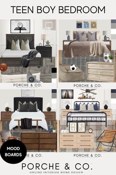 the bedroom is decorated in neutral colors and black, white, and grey tones with text that reads teen boy bedroom poche & co