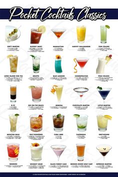 a poster with different types of cocktails on it's sides, including the names and