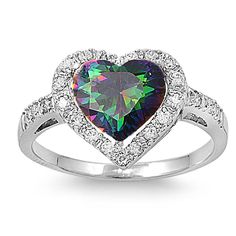 Sterling Silver Simulated Mystic Rainbow Topaz Heart Halo - SilverCloseOut - 1 Topaz Engagement Rings, Heart Halo Ring, Heart Shaped Engagement Rings, Grey Jewelry, Rainbow Topaz, German Silver Jewelry, Mystic Quartz, Silver Jewellery Indian, Silver Heart Ring