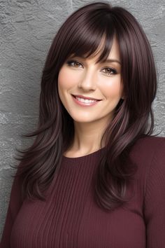 layered haircut with arched bangs Arched Bangs, Natural Smile, Long Shag Haircut, Long Shag, Trike Motorcycle, Dark Hair With Highlights, Burgundy Hair, Layered Haircut, Shag Haircut