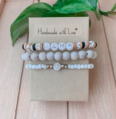 Mama Bracelet Stack - Etsy Mama Bracelet, Homemade Bracelets, Moms Bracelet, Clay Bracelet, Diy Bracelet Designs, Beads Bracelet Design, Homemade Jewelry, Beaded Bracelets Diy, Bracelets Handmade Beaded