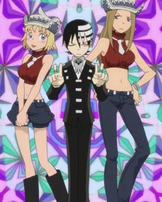 three anime characters are posing for the camera