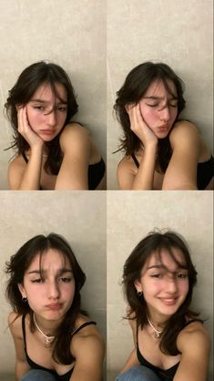 four different pictures of a woman with her hands on her face