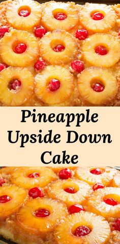 pineapple upside down cake with cherries on the top and bottom, is ready to be eaten