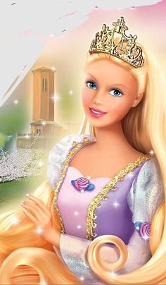 a barbie doll with long blonde hair and a tiara in front of a castle