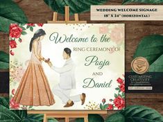 a wedding welcome sign with an image of a bride and groom