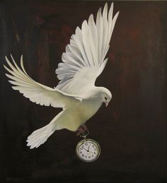 a painting of a white bird flying with its wings spread and the clock in front of it