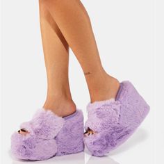 Brand New, No Box Y.R.U. Lavender Gravity Faux Fur Sandals Size 8 Purple Wedges, Purple Slippers, Yru Shoes, Clothes Room, Wedge Slippers, Pink Platform Heels, Feather Heels, Dolls Kill Shoes, Purple Sandals