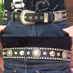 Two inch wide black leather belt with conchos, western belt buckle set and large, medium and small dome studs Conchos Western, Concho Belts, Studded Belts, Snakeskin Cowboy Boots, Skull Belt, Western Belt Buckles, Concho Belt, Western Belt, Studded Belt