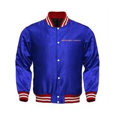 Spiderman Varsity Jacket - Peter Parker Varsity Jacket Satin Varsity Jacket Features: Satin Body Satin Sleeves Embroidered Patches on Front & Back 1x1 acrylic knit on collar, cuffs and waistband. Snap Front Closure. Quilted Lining Inside. Two Slash Pockets on front One Internal leather chest pocket Available Sizes: Unisex 3XS-3XL. Blue College Track Jacket With Pockets, Blue Track Jacket With Pockets For College, Fitted Blue Track Jacket For Streetwear, Blue Varsity Hooded Track Jacket, Blue Hooded Track Jacket For College, Blue Winter Track Jacket For College, Blue Long Sleeve Windbreaker For College, Blue Fitted Sporty Windbreaker, Blue Varsity Windbreaker With Long Sleeves