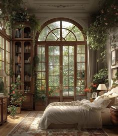 a bedroom with lots of windows and plants on the wall