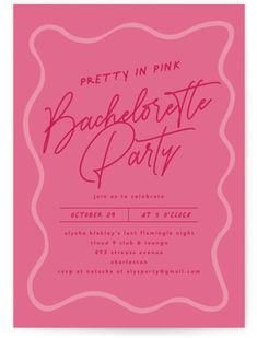 a pink bachelor party card with the words,'pretty in pink bachelor party '