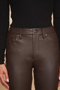 The Kai Pant is a faux leather Fall essential. With a flattering high-rise and skinny-flare silhouette that gives you legs for days, this signature pant is a must for on-trend style. Featuring silver hardware and luxuriously soft, ultra stretchy faux leather, this pant looks incredible on everyone. Model is 5'10 and wearing size Small Leather Pant, Trend Style, Fall Essentials, Silver Hardware, Best Sellers, Jumpsuit Dress, Espresso, High Rise, Faux Leather