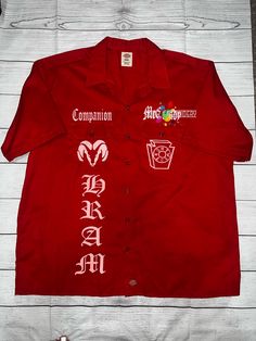 Masonic Walking Shirt. *This shirt will not be embroidered, it is an iron-on design. Red Cotton Tops With Embroidered Graphics, Red Cotton Top With Embroidered Graphics, Custom Embroidered Short Sleeve Shirt For Summer, Red Short Sleeve Tops With Custom Embroidery, Summer Cotton Shirt With Embroidered Logo, Fitted Short Sleeve Shirt With Embroidered Logo, Fitted Short-sleeve Shirt With Embroidered Logo, Fitted Short Sleeve Tops With Custom Embroidery, Embroidered Cotton Shirt For Streetwear