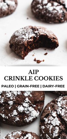 chocolate crinkle cookies with powdered sugar on top and the words, app crinkle cookies pale i grain - free dairy - free