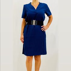 Midnight Blue Crepe Dress Side Slits Non-Stretchy Mid-Weight Fabric 100% Polyester Belt Not Included Blue Midi Length V-neck Dress For Formal Occasions, Elegant Blue V-neck Mini Dress, Blue V-neck Short Sleeve Dress For Party, Elegant Fitted Dress With Split Neck, Chic Split Neck Daywear Dress, Elegant Fitted Midi Dress With Split Neck, Chic Daywear Dress With Split Neck, Blue Split Neck Dress For Daywear, Chic Split Neck Dress For Daywear