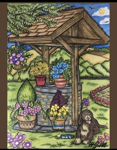 a drawing of a dog sitting under a gazebo surrounded by flowers and potted plants