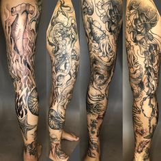 three different views of the legs and arms of a man with tattoos on them, both showing