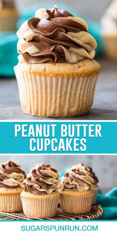 peanut butter cupcakes with chocolate frosting on top