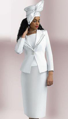 Lily & Taylor 4635 white skirt suit Suit Colors, Church Suits And Hats, Ladies Outfits, Meeting Outfit, Women Church Suits, Women Church, Church Suits, Asymmetric Jacket, Knee Length Skirt Pencil