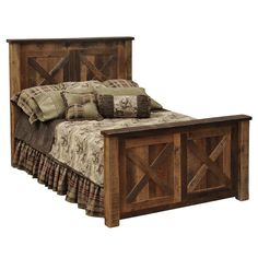 a bed with wooden headboard and foot board on top of it, sitting in front of a white background