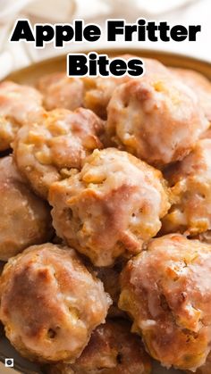 apple fritter bites on a plate with text overlay