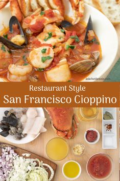 an image of a restaurant style san francisco clopino with seafood and bread on the side