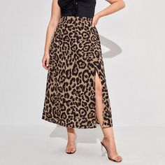 Multicolor Casual   Polyester Leopard Slit  Slight Stretch Spring/Summer Plus Size Bottoms Leopard Print Skirt, Leopard Skirt, Skirt And Sneakers, Split Skirt, Long Skirts For Women, Spring Skirts, Plus Size Summer, Plus Size Skirts, Plus Size Kleidung