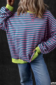 Fisdy - Cozy Contrast Trim Oversized Sweatshirt for Women 80s Sweatshirt, Oversize Style, Plus Size Pajamas, Oversize Fashion, Mens Fashion Fall, Oversized Sweatshirt, Contrast Trim, Maternity Fashion, Green Stripes