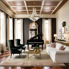 a living room filled with furniture and a grand piano