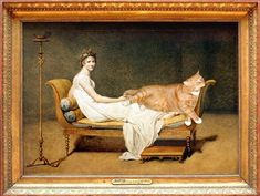 a painting of a woman laying on a bed next to a cat