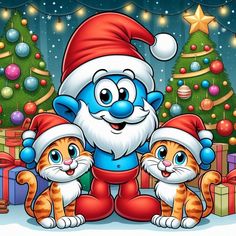 an image of a cartoon christmas scene with santa claus and two cats in the snow