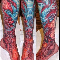 two pictures of the same person with tattoos on their legs and feet, both showing different colors