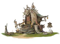 a drawing of a house made out of wood and other things on the ground,