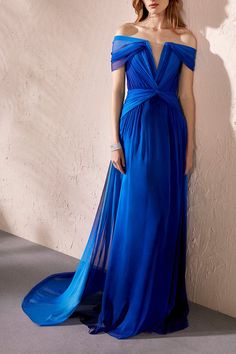 Pamella Roland off the shoulder pleated ombe gown in blue. 100% Polyester Dry Clean Only Made in the USA