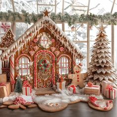 a gingerbread house decorated for christmas with presents