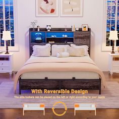 an advertisement for a bed frame with reversible design