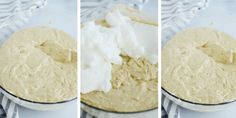 three pictures showing the process of making cake batter in a mixing bowl, and then being mixed with whipped cream